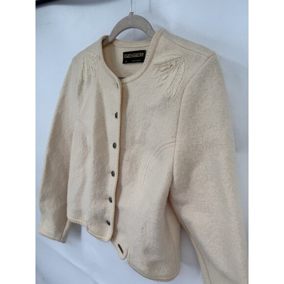 Geiger 100% Wool Button Top Women 38/ Medium Beige Embroidered Minimalist VTG - Picture 7 of 11